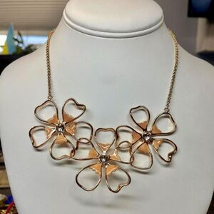 Ted Baker Statement Necklace Rose Gold Flower Crystal Signed EUC